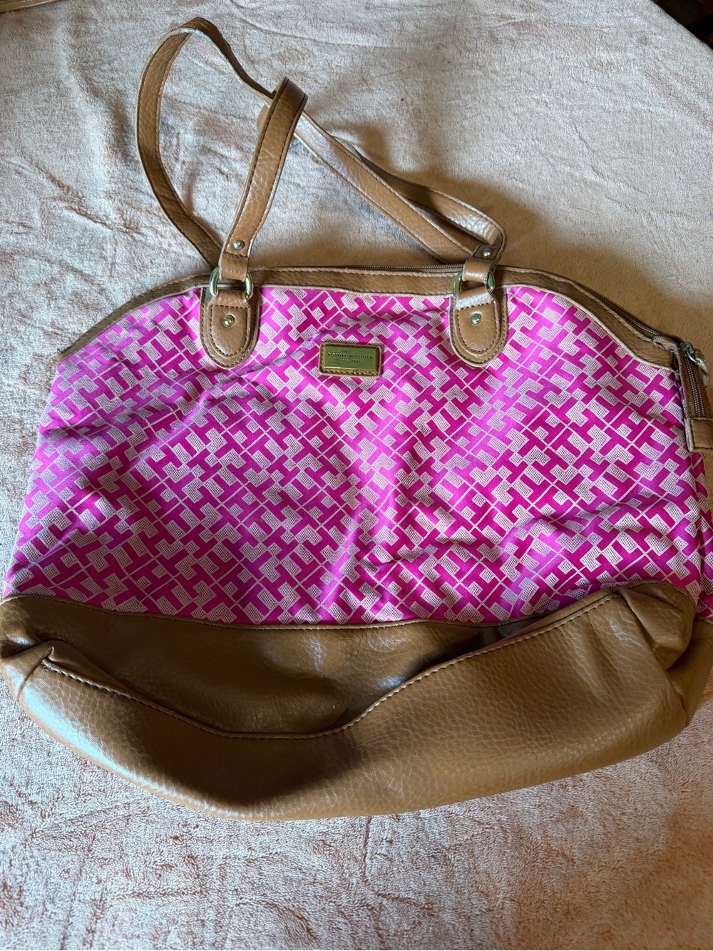 Tommy Hilfiger Pink Patterned Satchel with Brown Trim